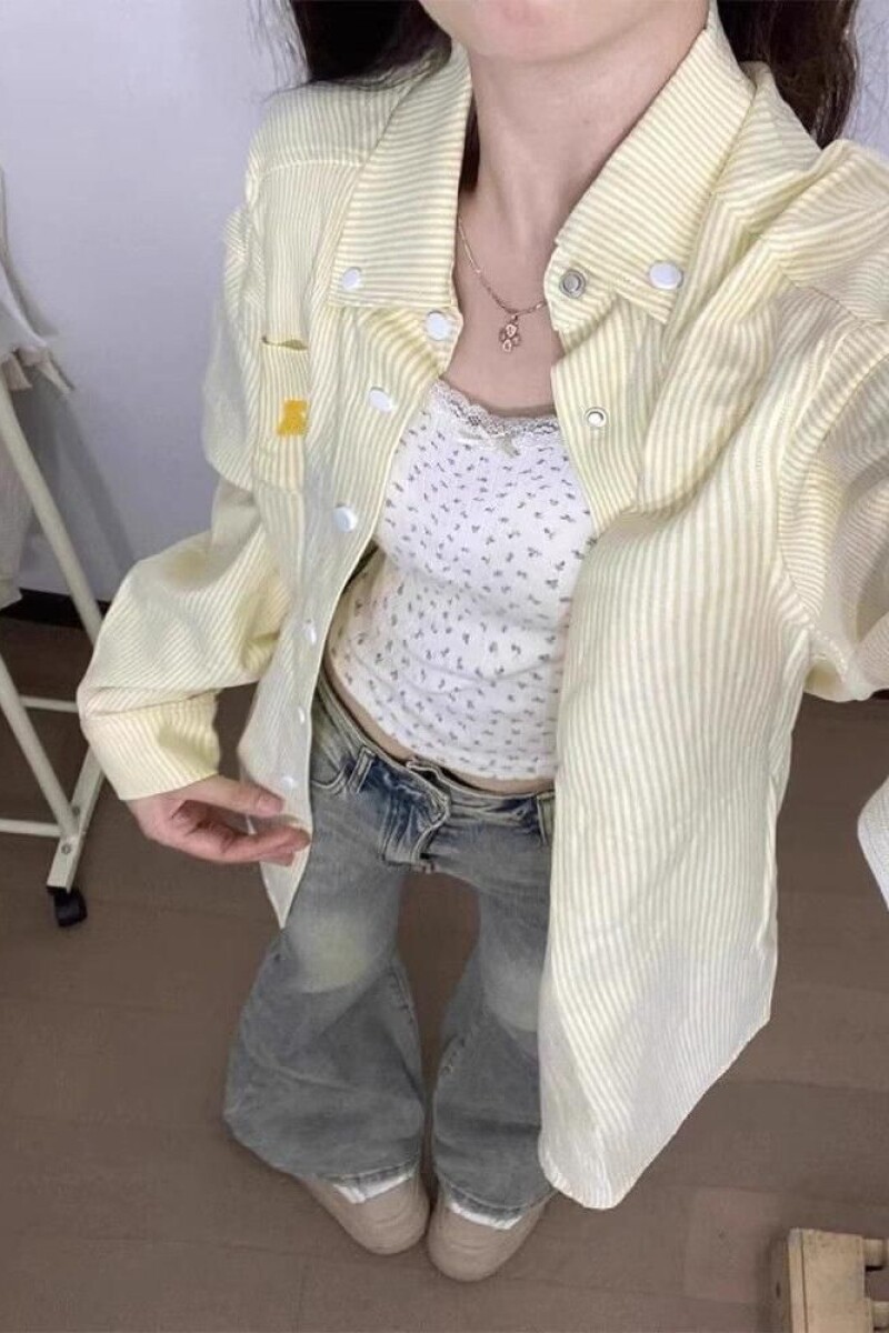 1506/QACS090/P41美式复古黄色条纹Polo领衬衫外套女宽松休闲开衫,女装衬衫,星座1506