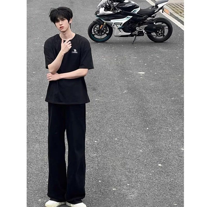 1506/Q80170/P34古着纯黑色直筒牛仔裤男简约微喇阔腿裤休闲裤子,男装牛仔裤,星座1506