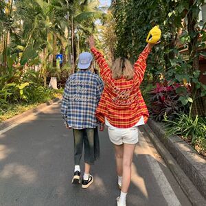 1506/QYC860/P52美式复古珍珠长袖格子衬衫男女oversize休闲衬衣1图片