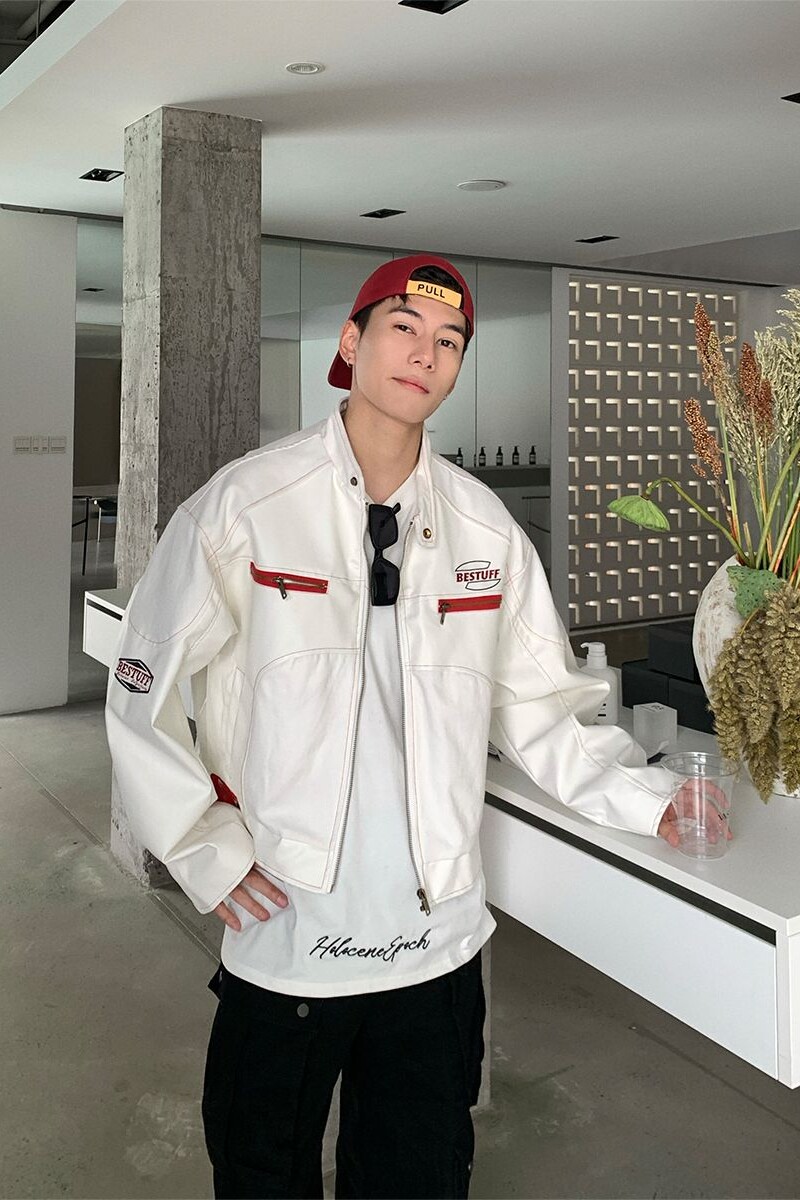 1506/QGP1000/P64美式短款赛车服pu皮刺绣外套白色2025年皮衣夹克,男装皮衣,星座1506