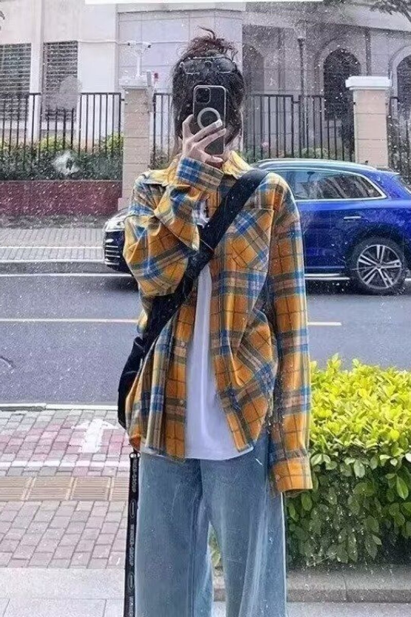 1506/QC040/P34复古黄色衬衫宽松长袖款秋季格子抗皱撞色衬衣男,男装衬衫,星座1506