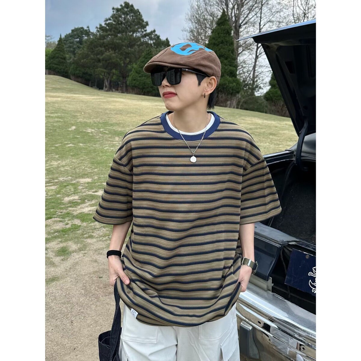 1506/Q337/P42短袖t恤男潮牌夏季宽松五分袖条纹上衣,男装T恤,星座1506