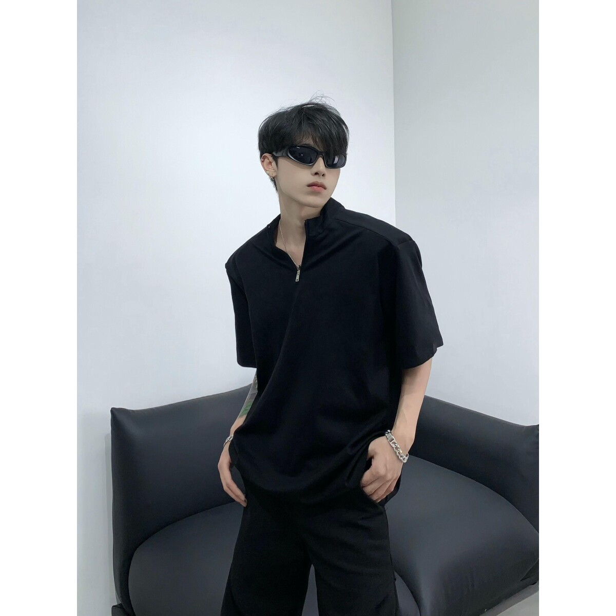 1506/QT170/P40美式高街半拉链短袖男夏季潮宽松t恤五分袖,男装T恤,星座1506