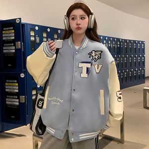 1506/QJK0180/P66毛呢拼皮面料毛巾刺绣蓝杏色2025年小众夹克图片