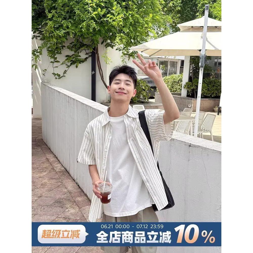 1506/QC1630/P35条纹衬衫短袖男生夏季百搭宽松休闲衬衣上衣，男装T恤，星座1506