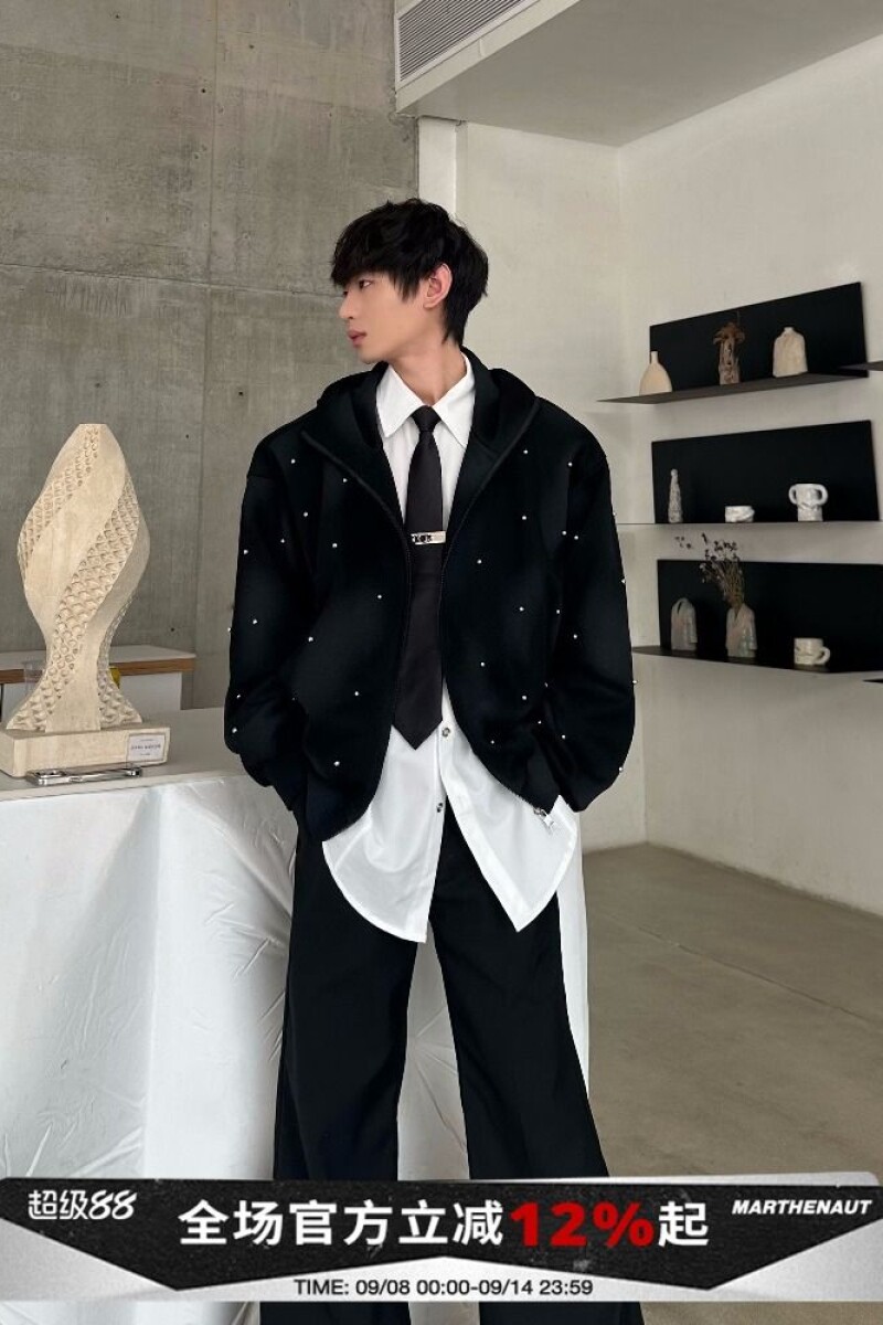 1506/QA2420/P59美式珍珠点缀连帽卫衣男女休闲百搭宽松开衫上衣1,男装卫衣,星座1506