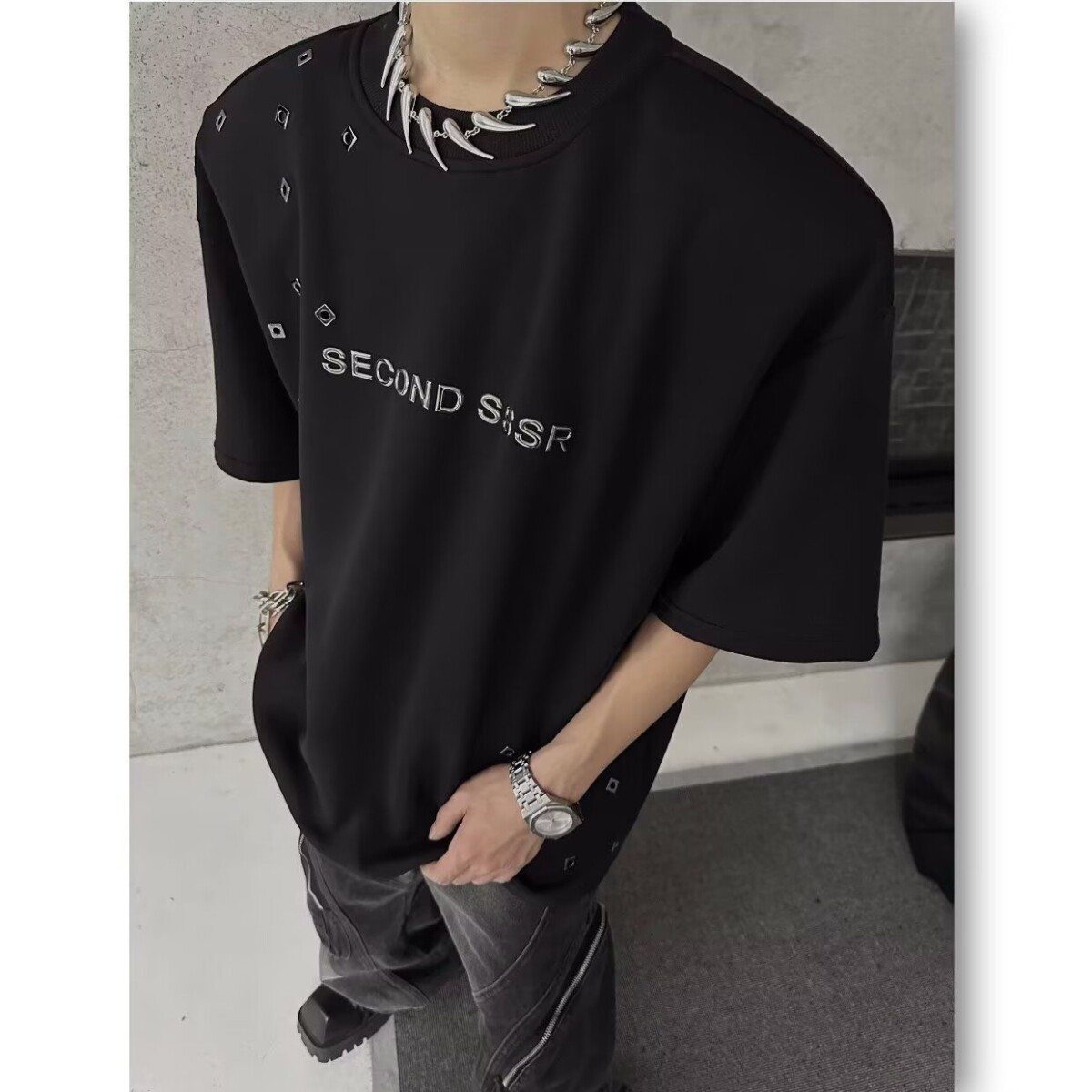 1506/QT3070/P42高街金属环短袖男女宽松小众t恤重磅半截袖穿搭1,男装T恤,星座1506