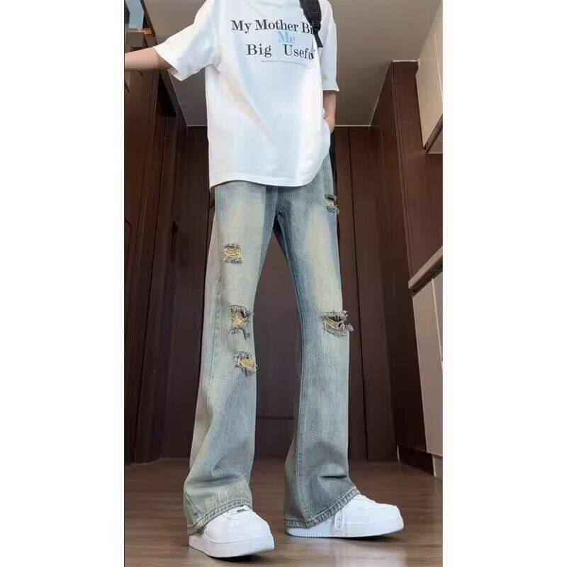 1506/Q6780/P41美式高街破洞牛仔裤男夏季薄款潮显高显瘦微喇裤子,男装牛仔裤,星座1506