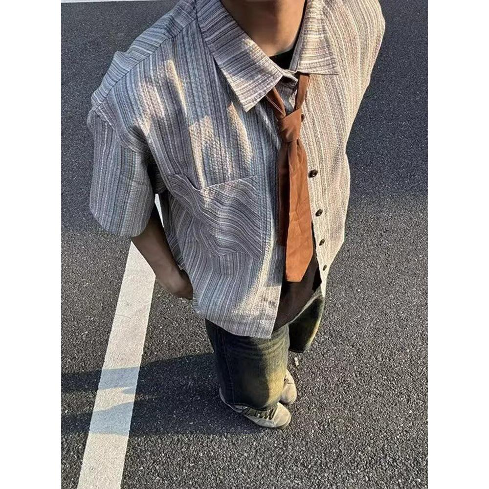 1506/QC2210/P38夏季条纹五分袖衬衫男休闲宽松领带短袖衬衣潮,男装T恤,星座1506