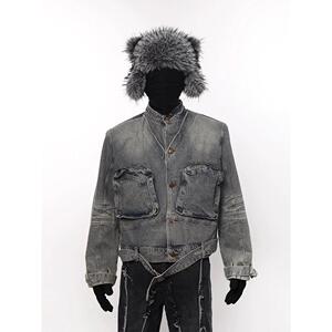 1506/Q【6996】夹克山庄0/P77拼接压褶设计夹克小众复古牛仔外套图片