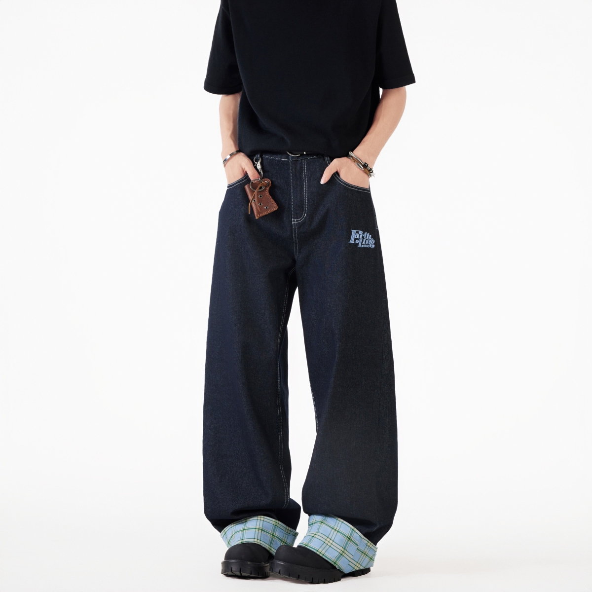 1506/QNZ430/P52格子卷边拼接牛仔裤红格蓝格棉70涤纶30，男装牛仔裤，星座1506