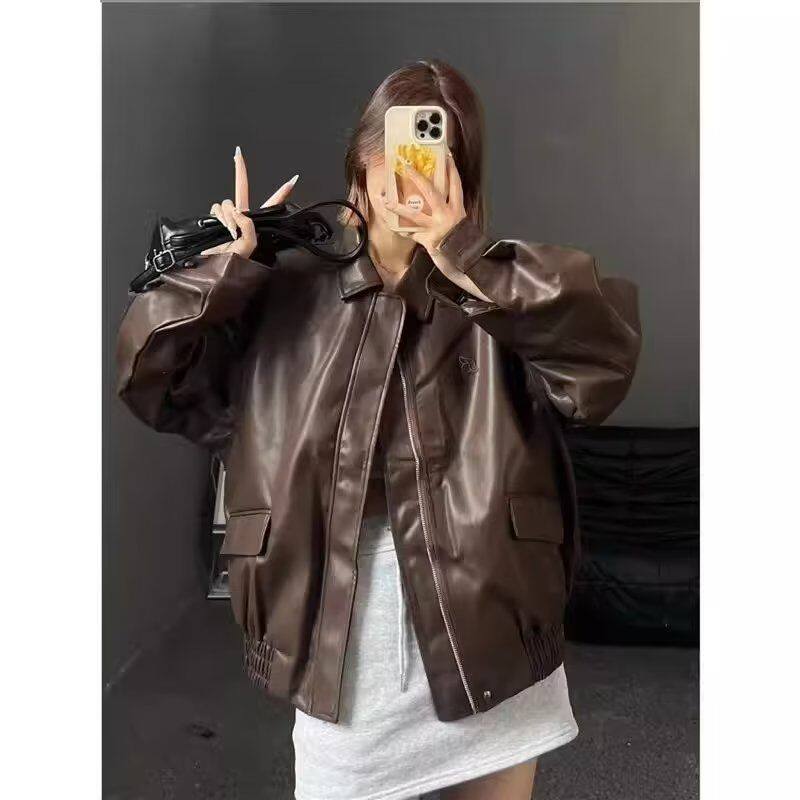 1506/QY020/P59皮衣女秋翻领休闲长袖宽松短外套机车服pu皮夹克1,女装皮衣,星座1506