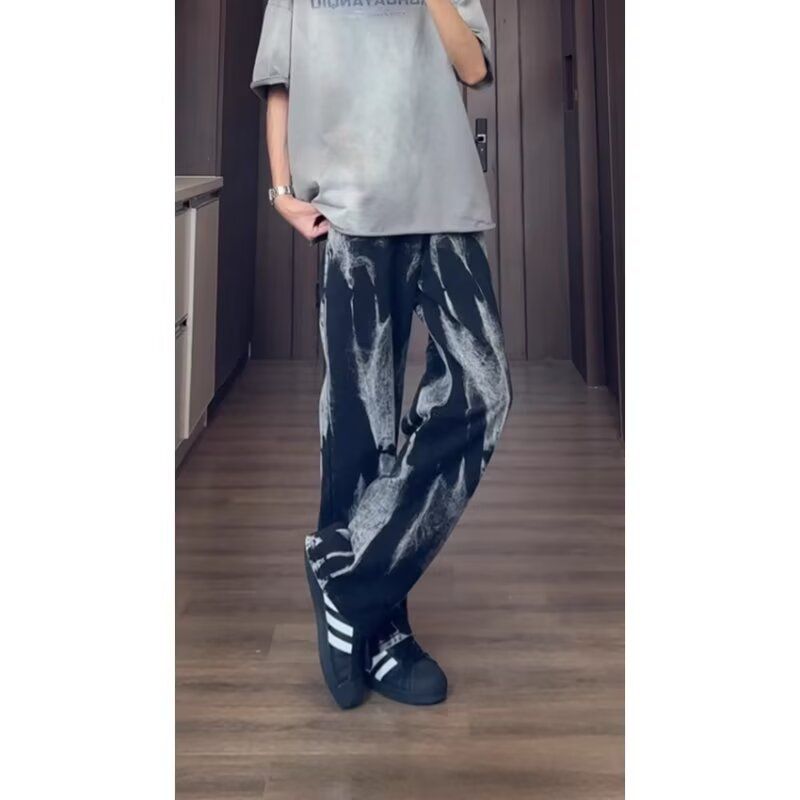 1506/QA0690/P49高街牛仔裤扎染百搭潮牌微喇阔腿裤子男秋季宽松,男装牛仔裤,星座1506
