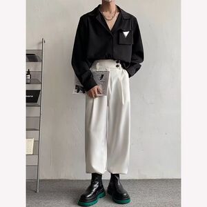 1506/Q8060/P42垫肩衬衫男痞帅潮牌古巴领休闲薄白色衬衣潮秋季图片