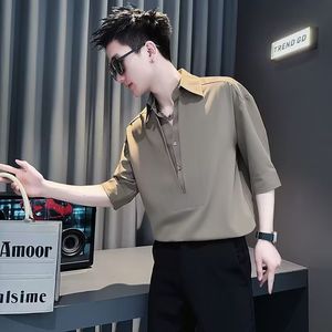 1506/QB370/P44男冰丝七分袖衬衫衣服宽松短袖发型师衬衣潮牌夏季图片