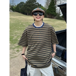1506/Q337/P42短袖t恤男潮牌夏季宽松五分袖条纹上衣图片
