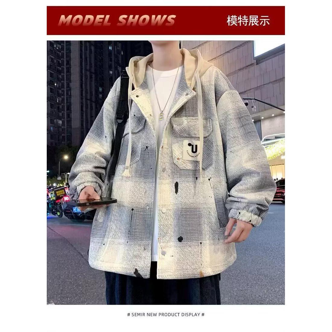 1506/QCZW040/P56新款格子外套男士宽松连帽休闲夹克潮流上衣图片