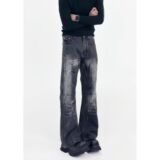 1506/QK370/P56夏季水洗做旧牛仔裤女高腰微喇裤宽松拖地长裤潮，女装牛仔裤，星座1506