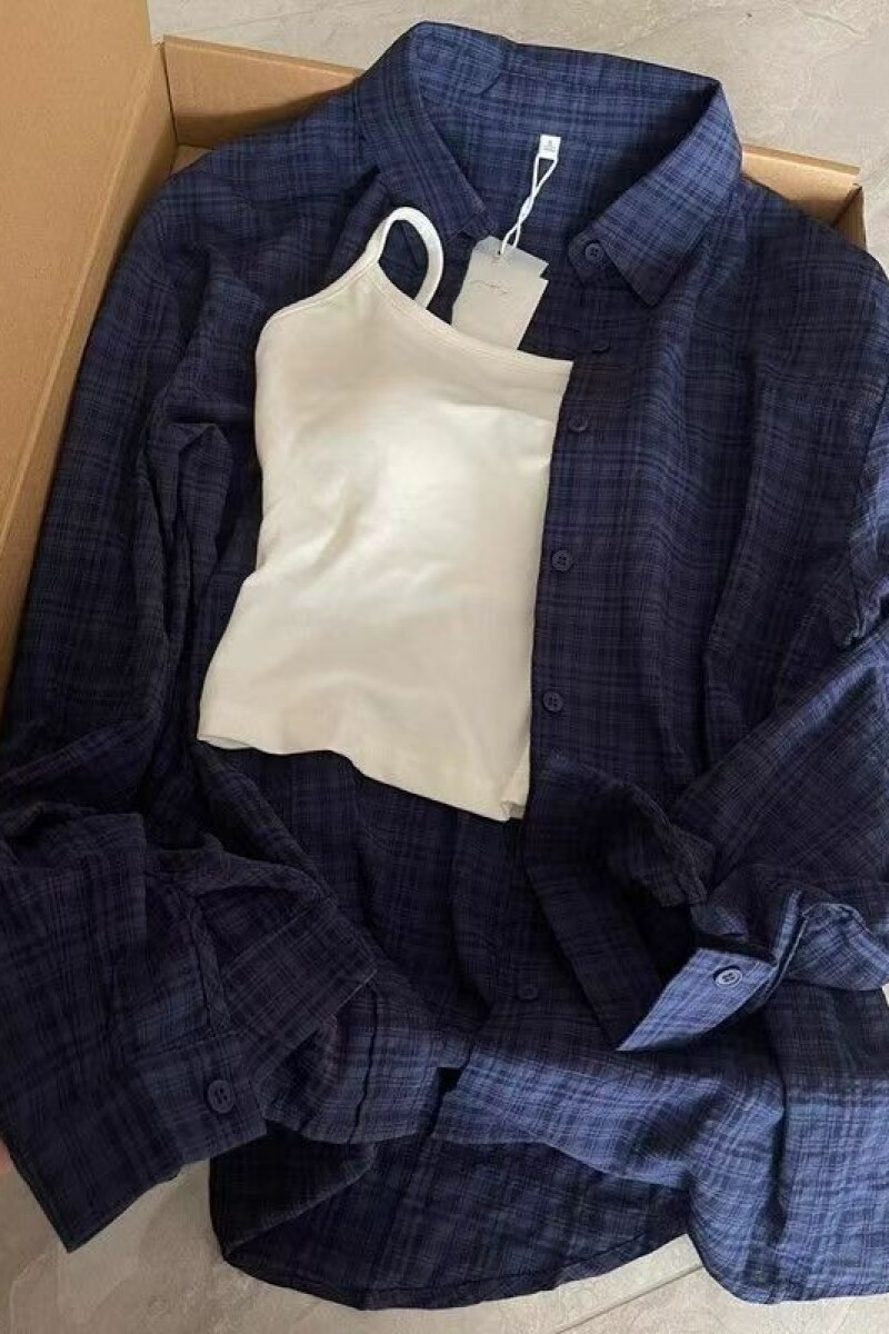 1506/QYC870/P37复古深蓝色格子衬衫男女款外搭冷淡系,男装衬衫,星座1506