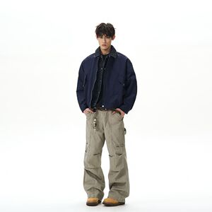 1506/QA2410/P80秋季新款美式纯色假俩件宽松休闲藏青夹克外套男1图片
