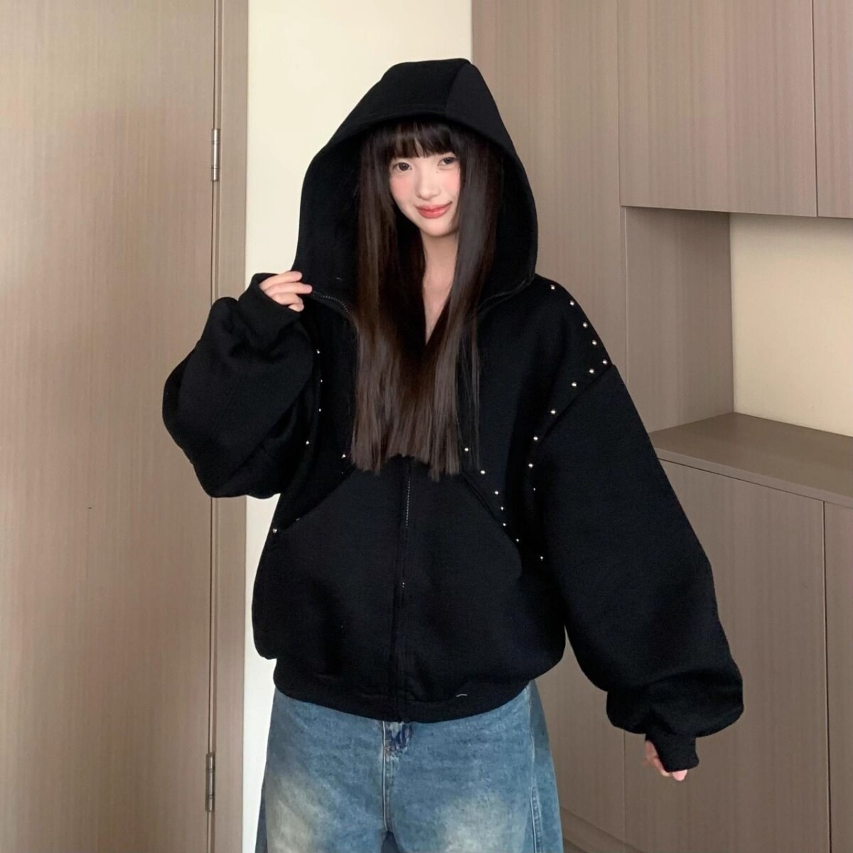 1506/QF380/P56运动衫男女秋美式铆钉设计情侣外套宽松百搭上衣1,女装短外套,星座1506