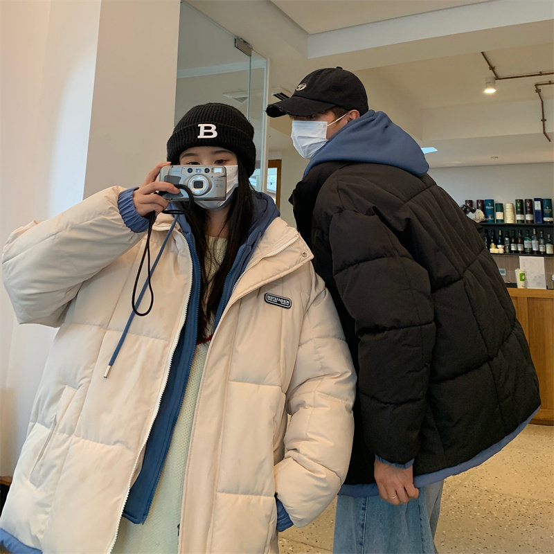 1506/2301/P75字母假两件冬季加厚连帽大码cityboy男女面包服外套,女装短外套,星座1506