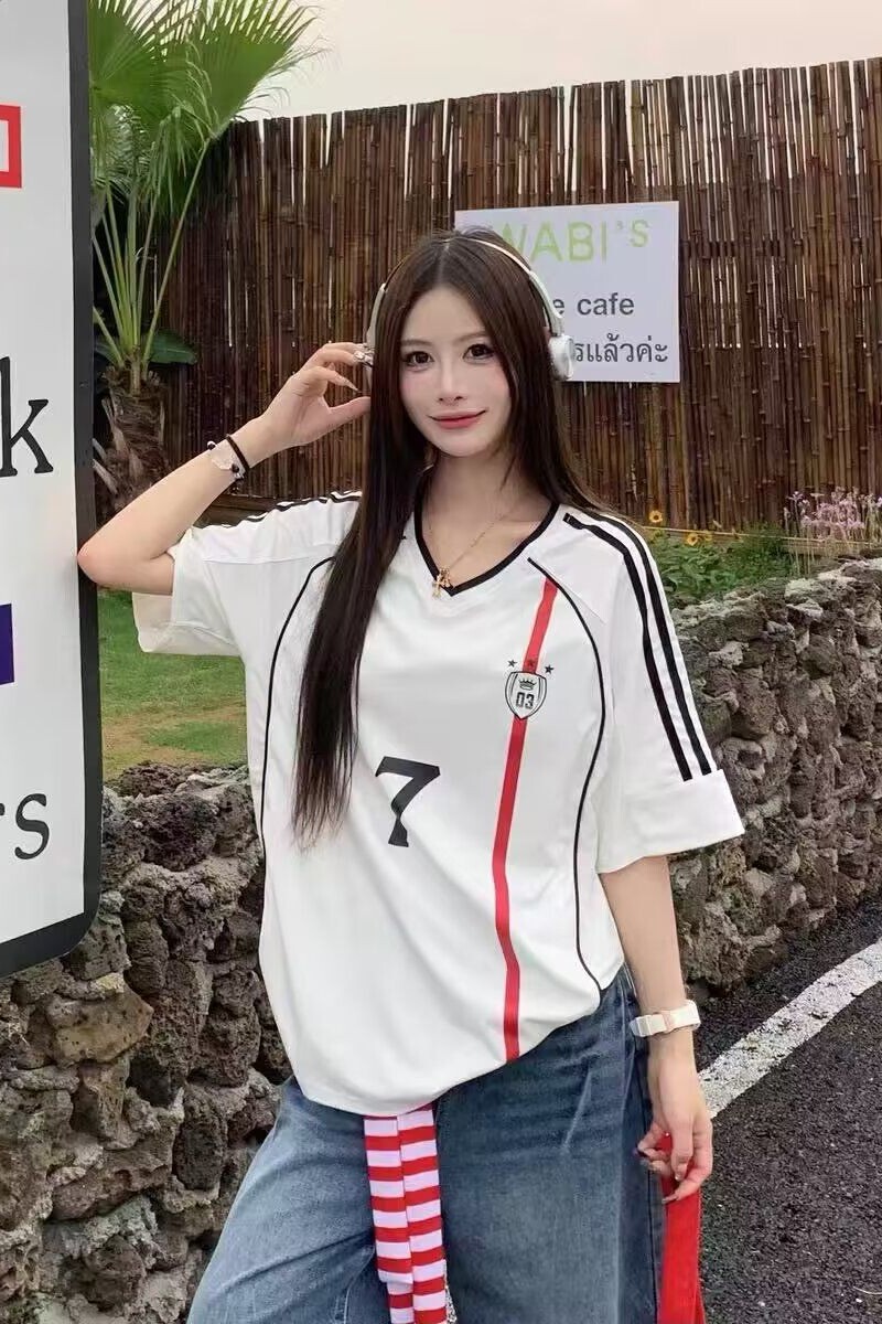 1506/QT810/P42美式运动V领正肩球衣t恤女夏季慵懒风宽松情侣短袖,男装T恤,星座1506