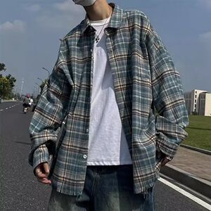 1506/QDX2010/P40格子长袖衬衫男潮牌新款宽松复古休闲衬衣外套图片