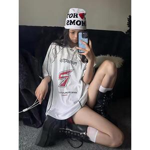 1506/Q220/P52美式拼接撞色赛车T恤男女夏季痞帅百搭圆领短袖潮图片