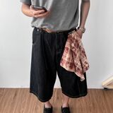 1506/Q284/P40美式撞色方巾黑色丹宁原牛仔短裤男女宽松七分裤潮，男装牛仔裤，星座1506