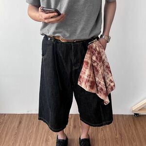 1506/Q284/P40美式撞色方巾黑色丹宁原牛仔短裤男女宽松七分裤潮图片