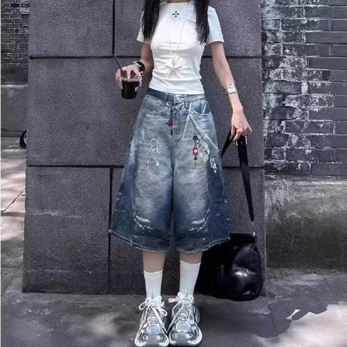 1506/QB1610/P54美式3D打印挂链七分牛仔裤男女宽松阔腿中短裤,男装牛仔裤,星座1506