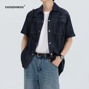 1506/QC1510/P54夏季男士工装牛仔短袖日系百搭衬衣宽松复古衬衫图片