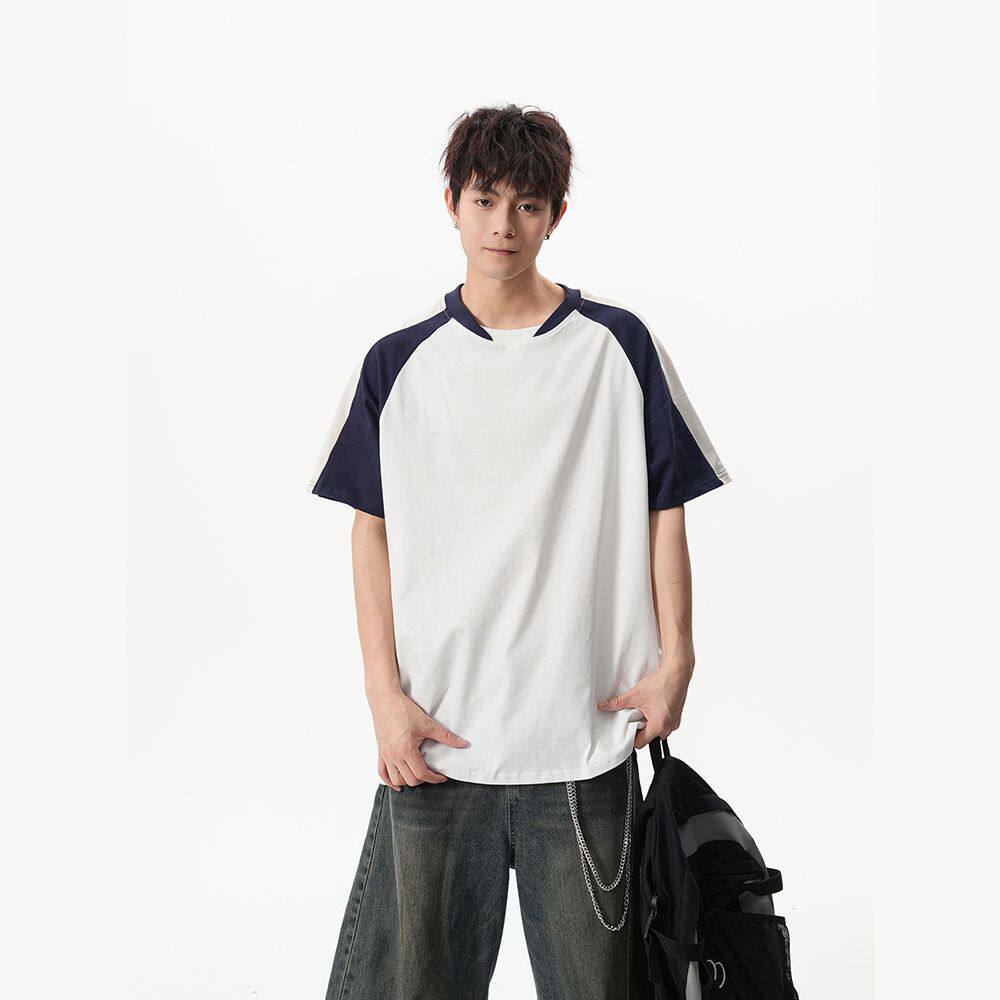 1506/QT690/P34情侣短袖T恤男2025夏季美式撞色插肩拼接宽松上衣,男装T恤,星座1506