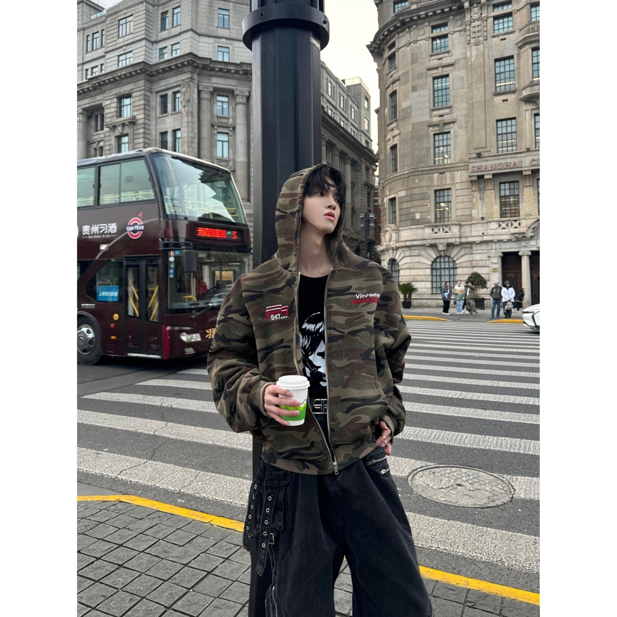1506/QWT080/P59雀斑男装美式复古刺绣迷彩连帽卫衣男女帽衫夹克，男装夹克，星座1506