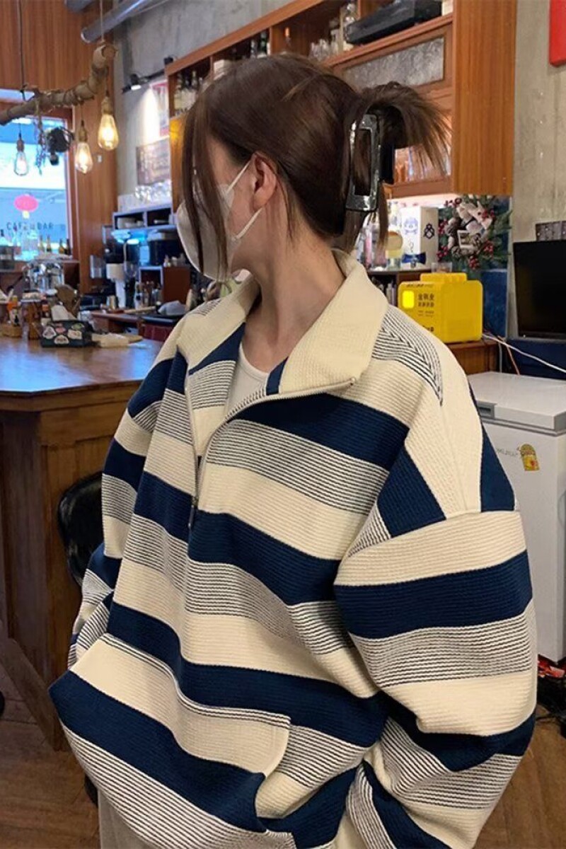 1506/Q88050/P56复古半拉链条纹卫衣秋季宽松长袖显瘦外套,女装短外套,星座1506