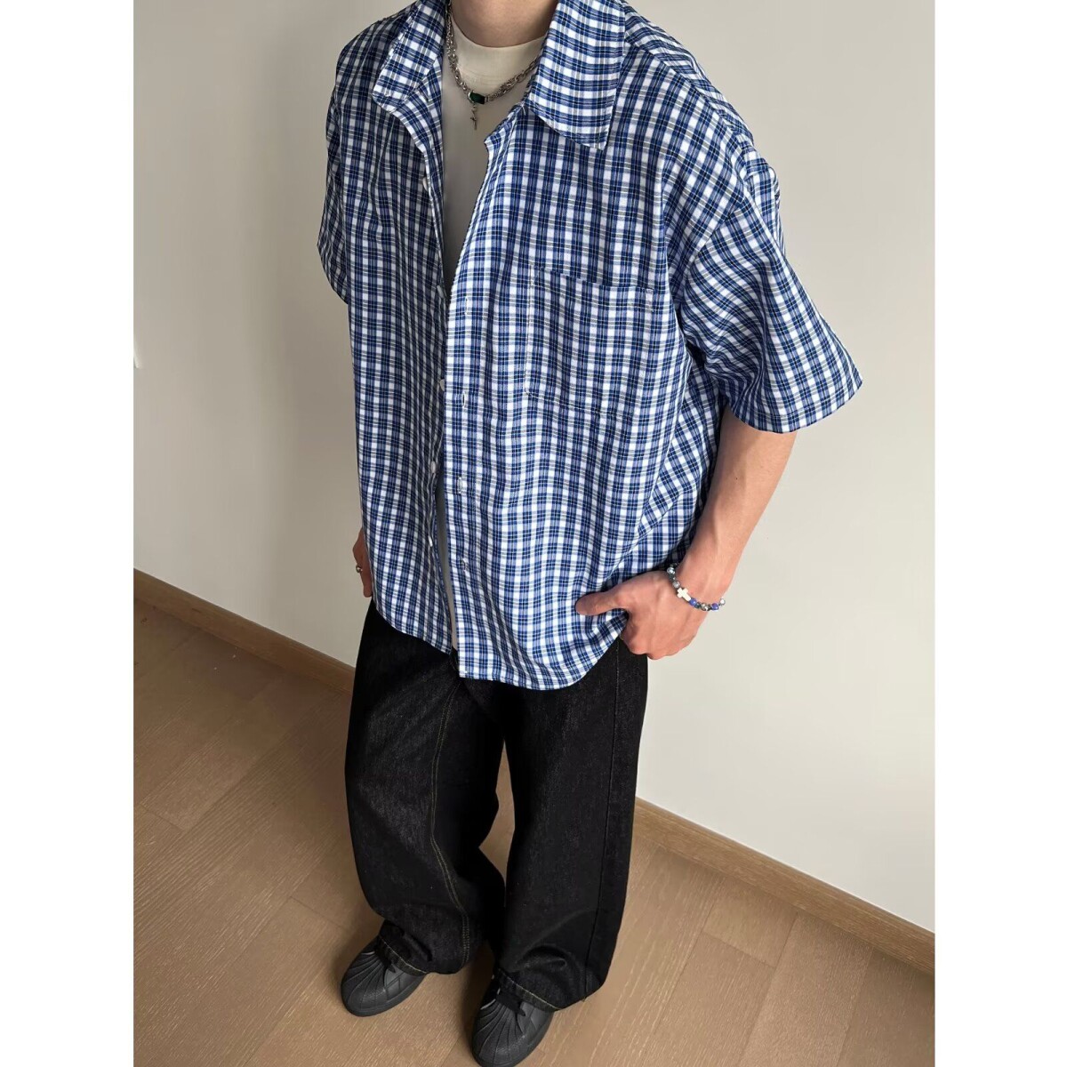 1506/QC1290/P40复古衬衫男夏装港风学生宽松小众设计感男装上衣图片