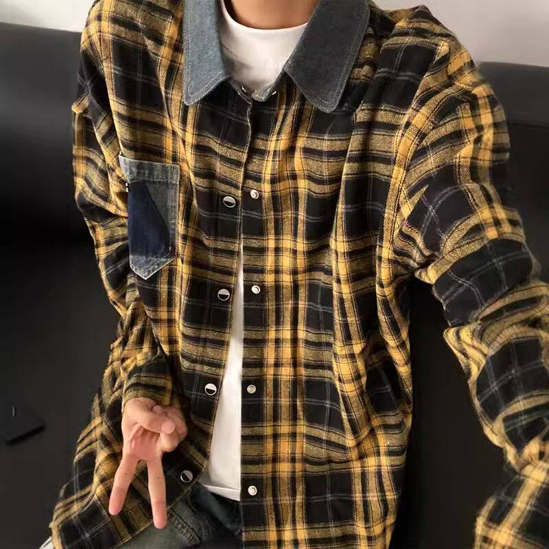 1506/QJ020/P44美式复古长袖格子衬衫男秋牛仔领黄色格纹外套2图片