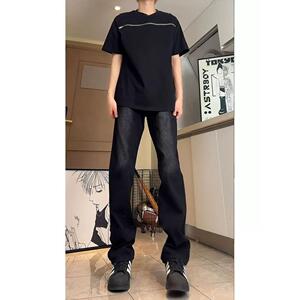 1506/Q20060/P39黑色窄版微喇牛仔裤男修身显瘦直筒裤2025年图片