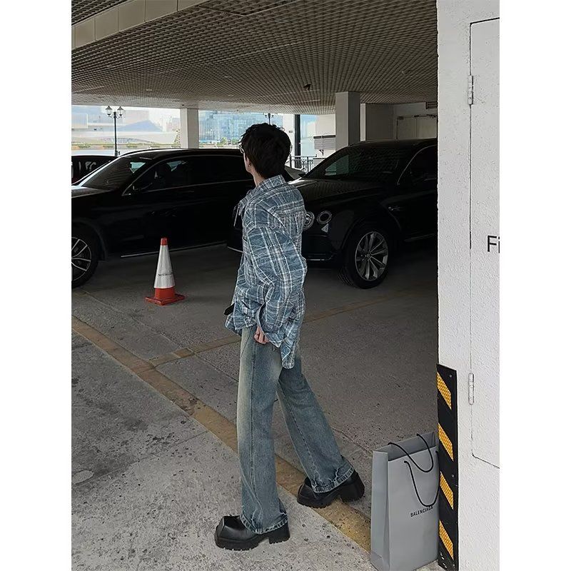 1506/QC6910/P42小众做旧撞色格子慵懒风长袖衬衫1,男装衬衫,星座1506