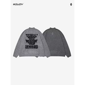 1506/QY7510/P57美式街头半高领撞色毛衣男字母提花针织衫女2图片