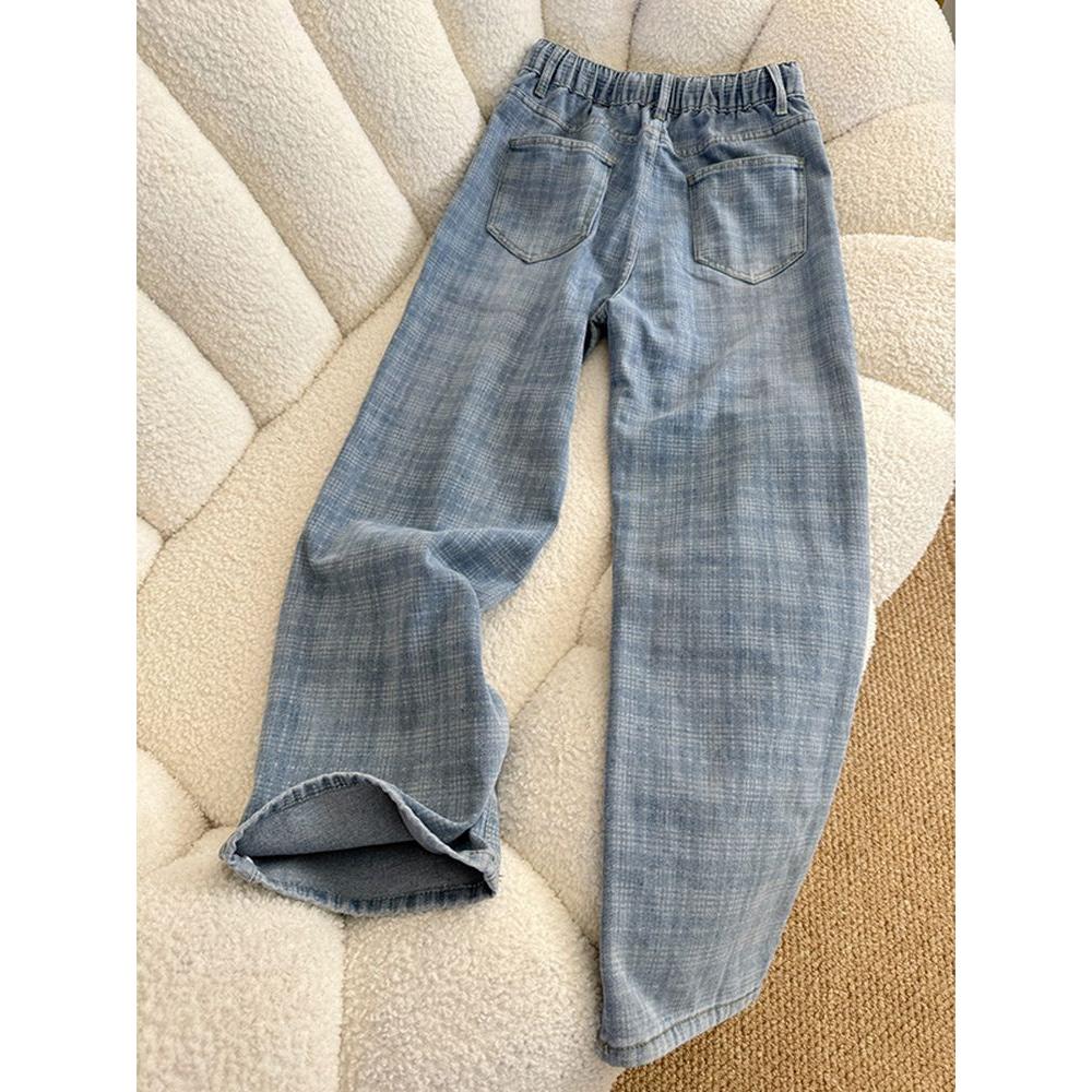 1506/QB7170/P44浅蓝色格纹系带休闲裤宽松显瘦直筒牛仔裤阔腿裤,男装牛仔裤,星座1506