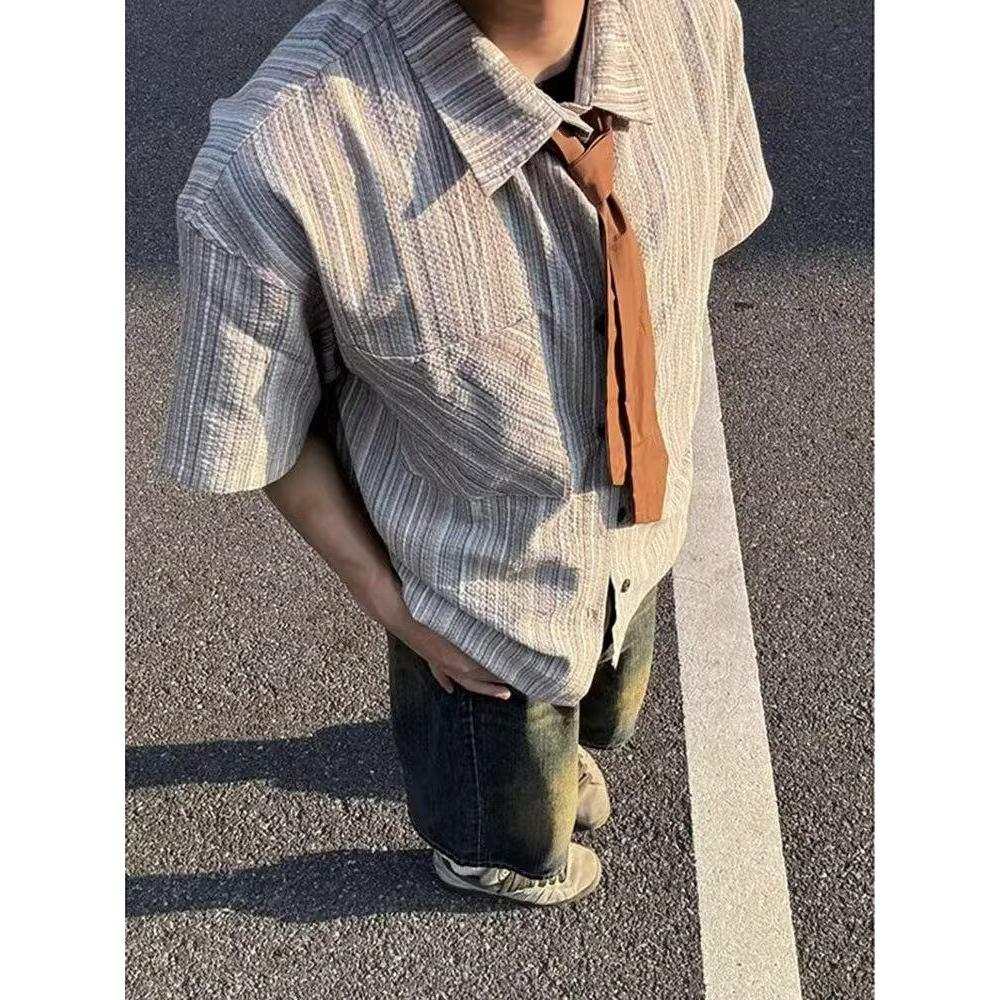 1506/QC2210/P38夏季条纹五分袖衬衫男休闲宽松领带短袖衬衣潮,男装T恤,星座1506
