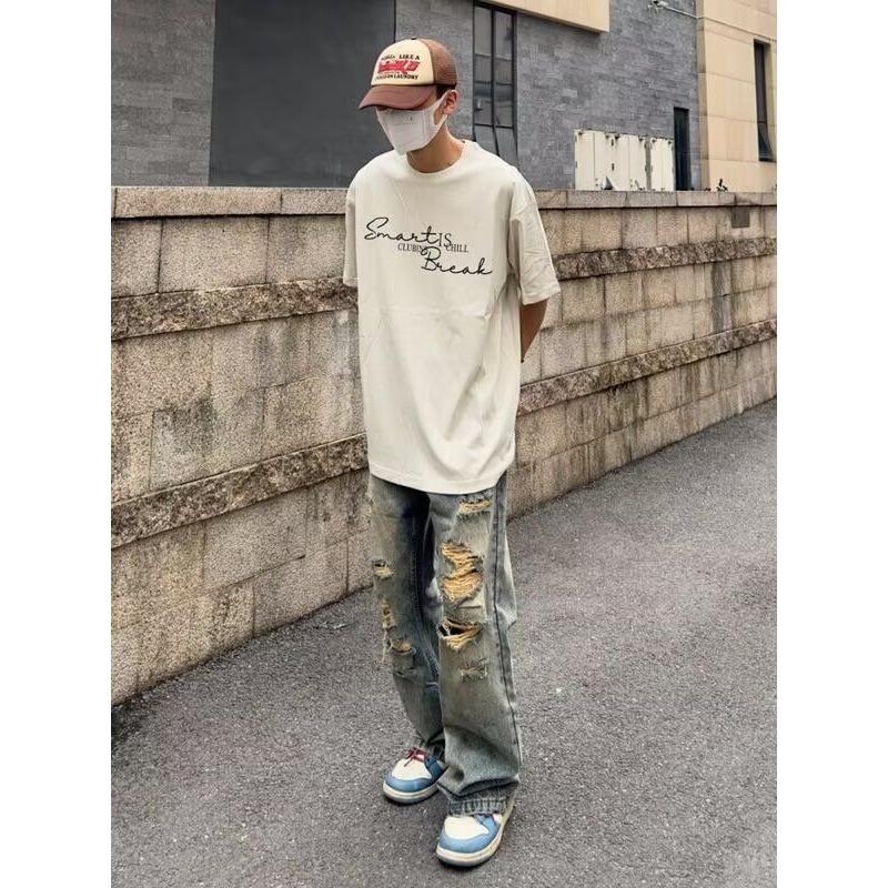 1506/Q306/P42复古水洗做旧黄泥废土风破洞牛仔裤高街直筒裤男,男装牛仔裤,星座1506