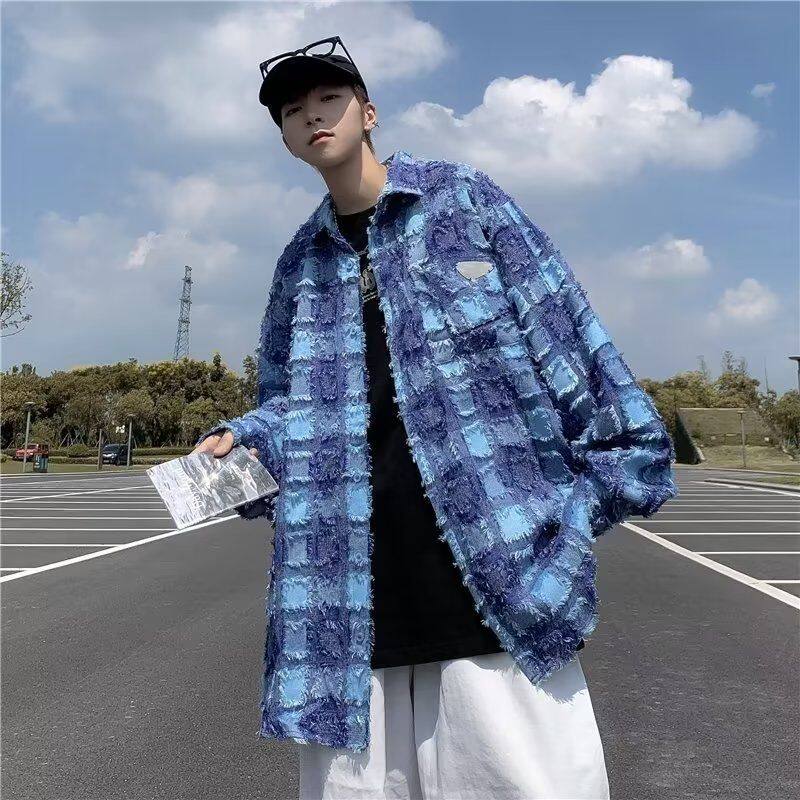 1506/QC2220/P4流苏格纹长袖衬衫秋冬季潮流高级感男士外套2,男装衬衫,星座1506