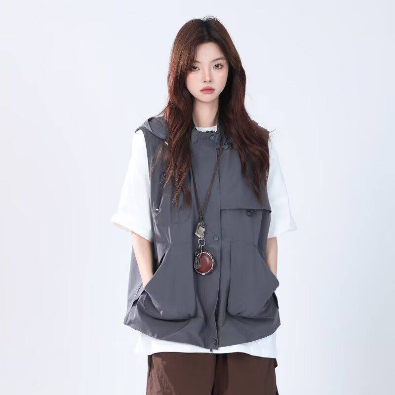 1506/Q264/P62日系户外战术机能多口袋工装马甲可拆卸连帽外套，女装马甲，星座1506