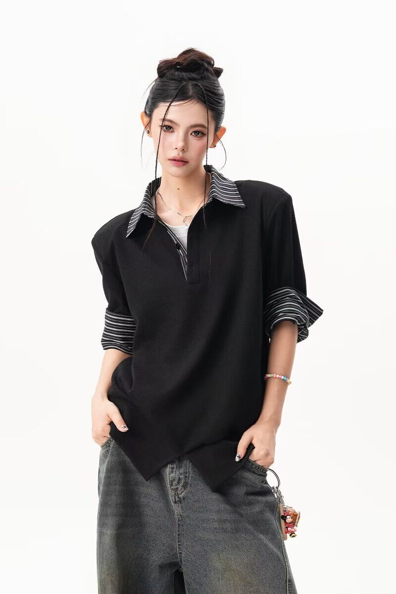 1506/QCD230/P40春夏学院格纹拼接polo半袖T恤上衣2025年潮流,女装T恤,星座1506