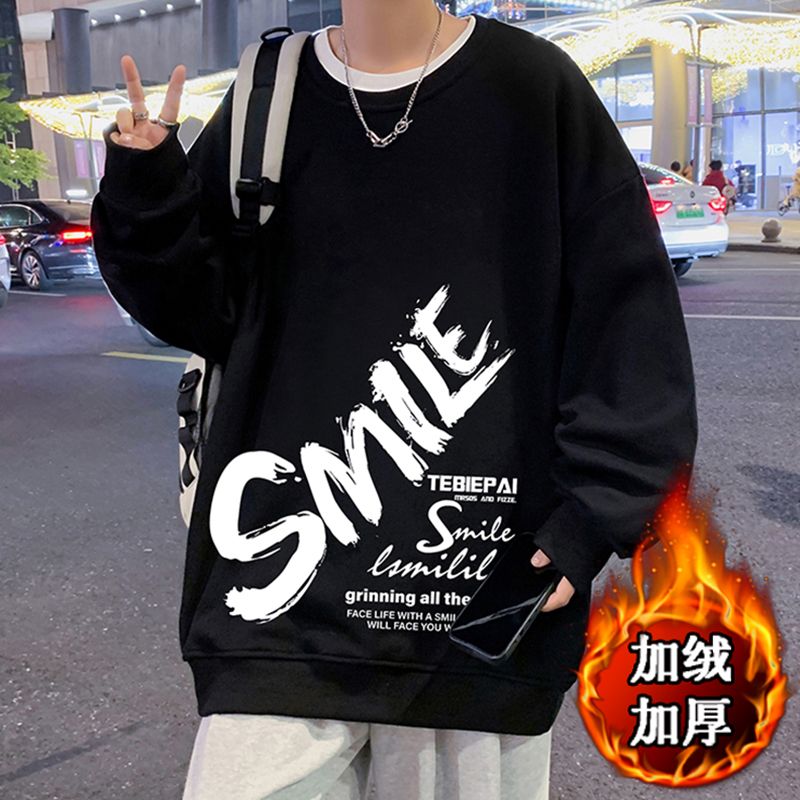 1506/Q贝贝绒E148斜字母SM0/P34套头卫衣男冬季加绒港风圆领上衣,男装卫衣,星座1506