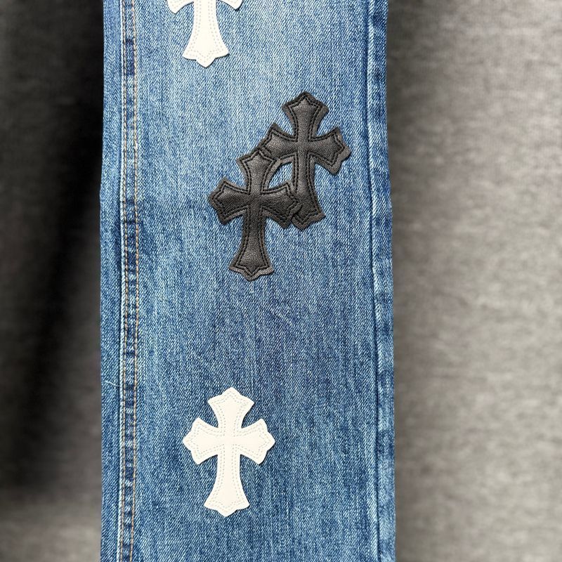 1506/Q21450/P64贴皮金属十字架刀割补丁欧美时尚潮牌牛仔长裤1,男装休闲裤,星座1506