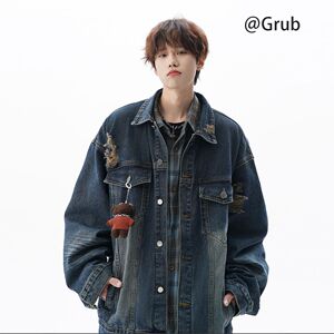 1506/QCT280/P66美式复古毛须水洗做旧高街潮牌宽松男女牛仔外套1图片